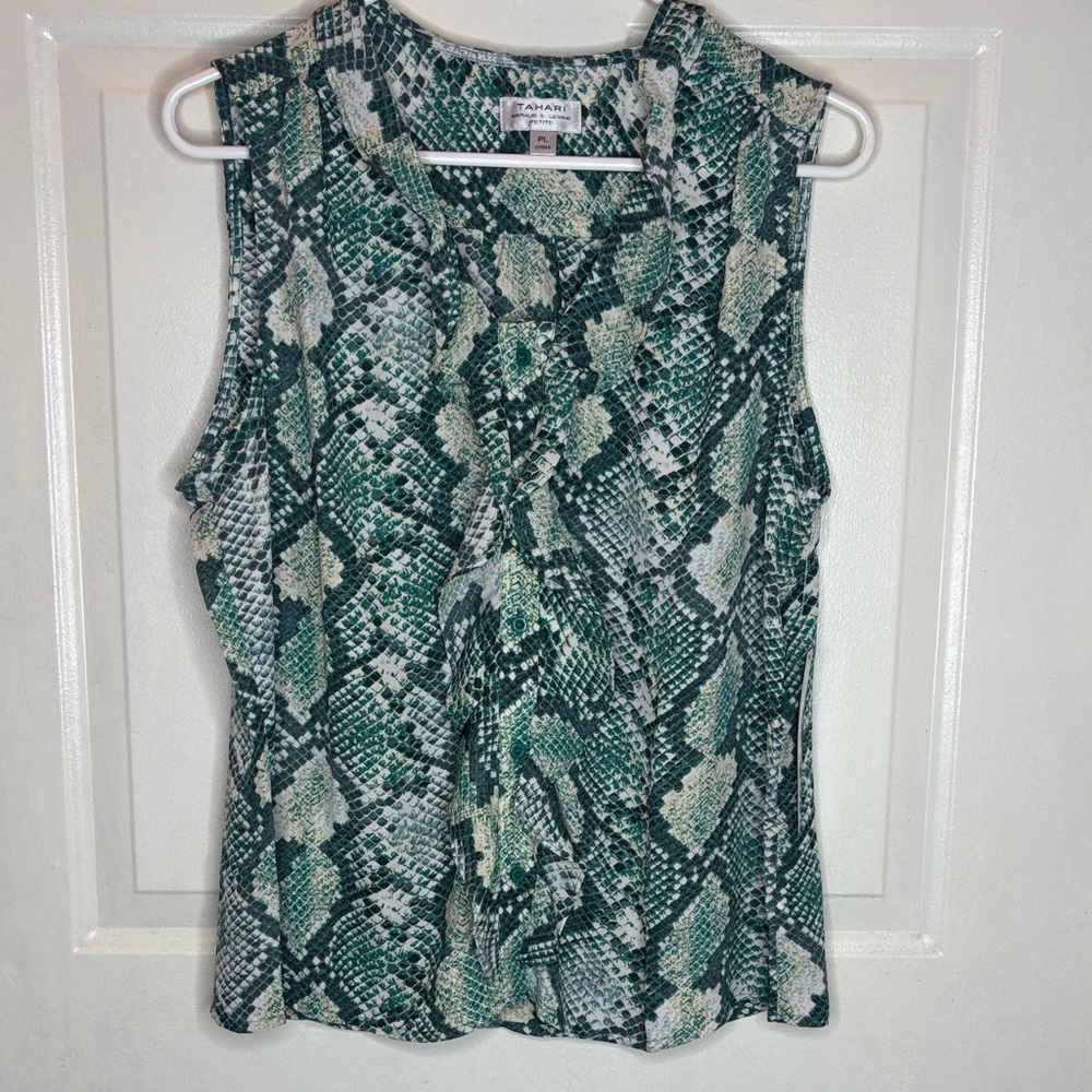 Tahari ASL Green and Black Snake Print Blouse